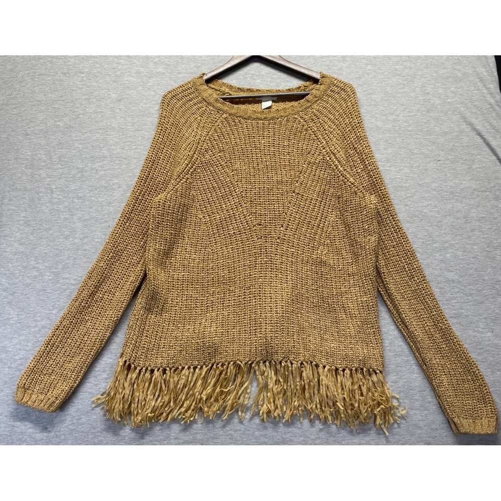 H&M Tunic Sweater Womens M Mustard Yellow Raglan Sleeve Playful Fringing Detail